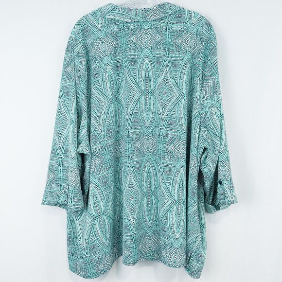 Catherines Button Front Top 3/4 Roll Tab Sleeve Womens 3X Aqua Green Geo Print - Picture 2 of 16